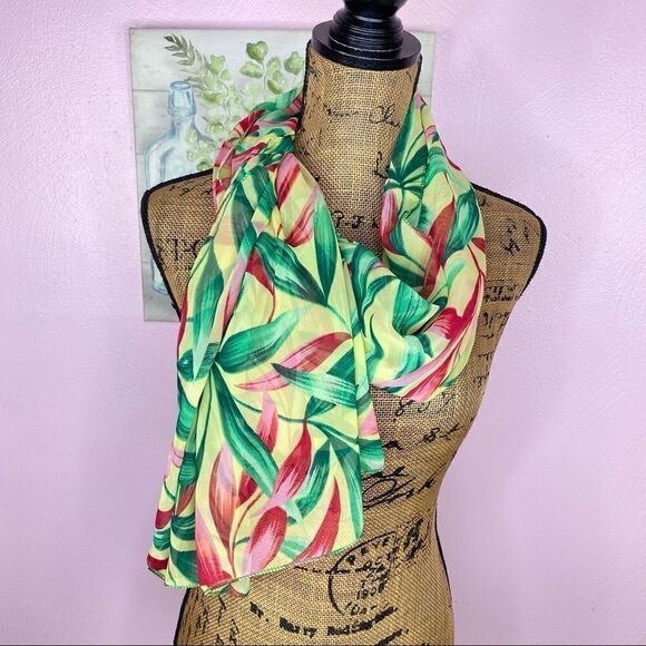 Floral Women’s Scarf Shawl Sheer Yellow Pink Red Green - Picture 1 of 8